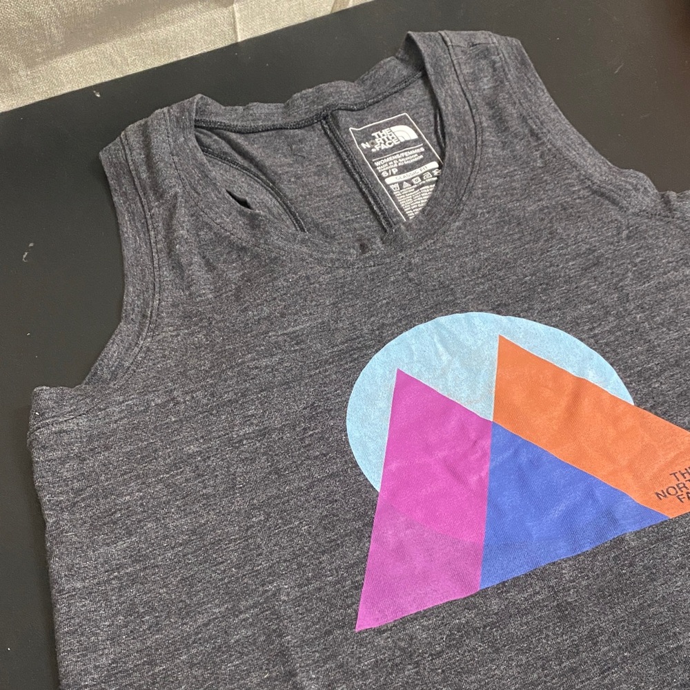 The North Face Charcoal Heather Tank with Blue, Purple & Orange Graphic Small